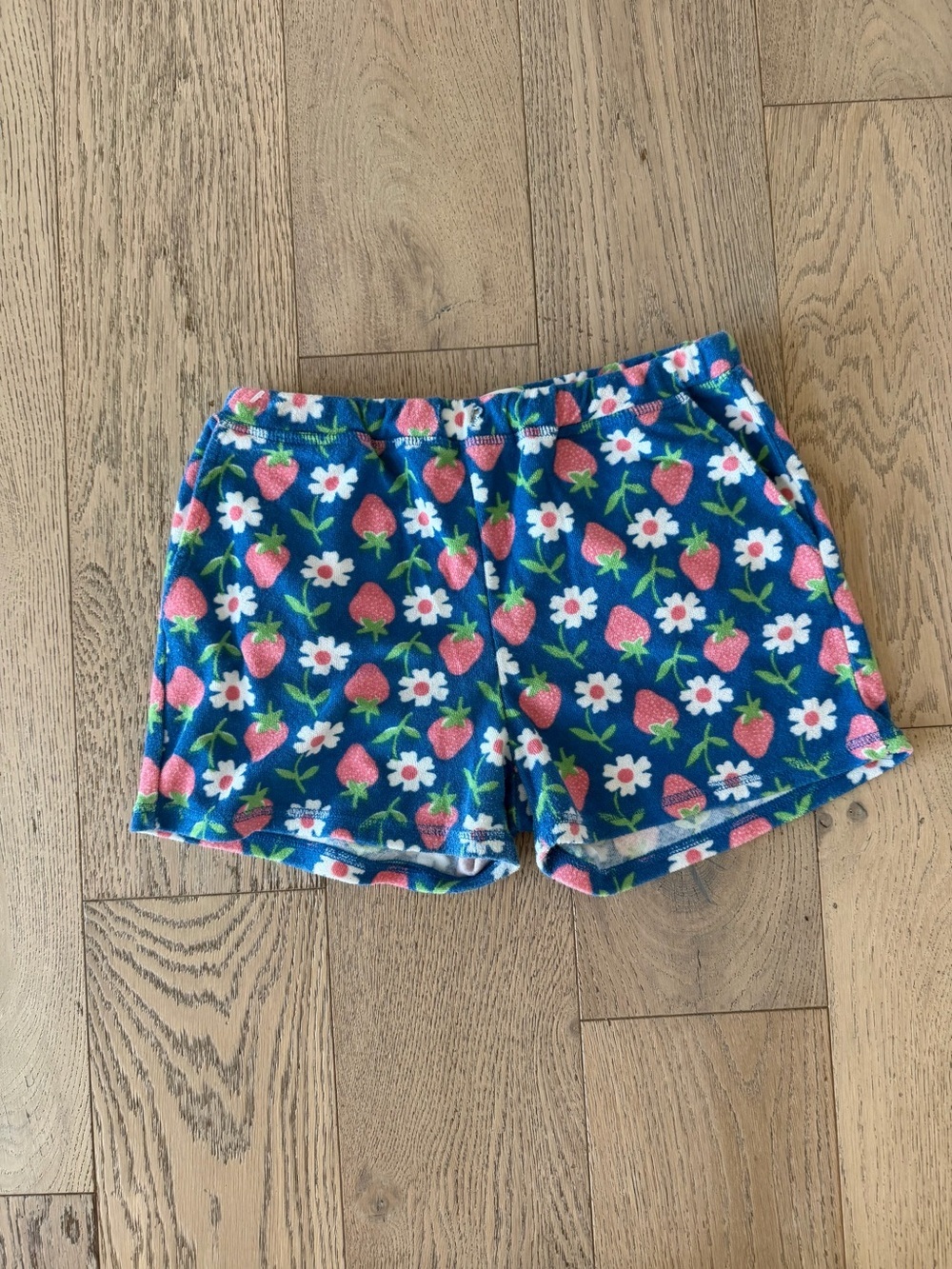 Mini Boden Girls Strawberry & Daisy Terry Cloth Shorts - Blue - Size 12Y